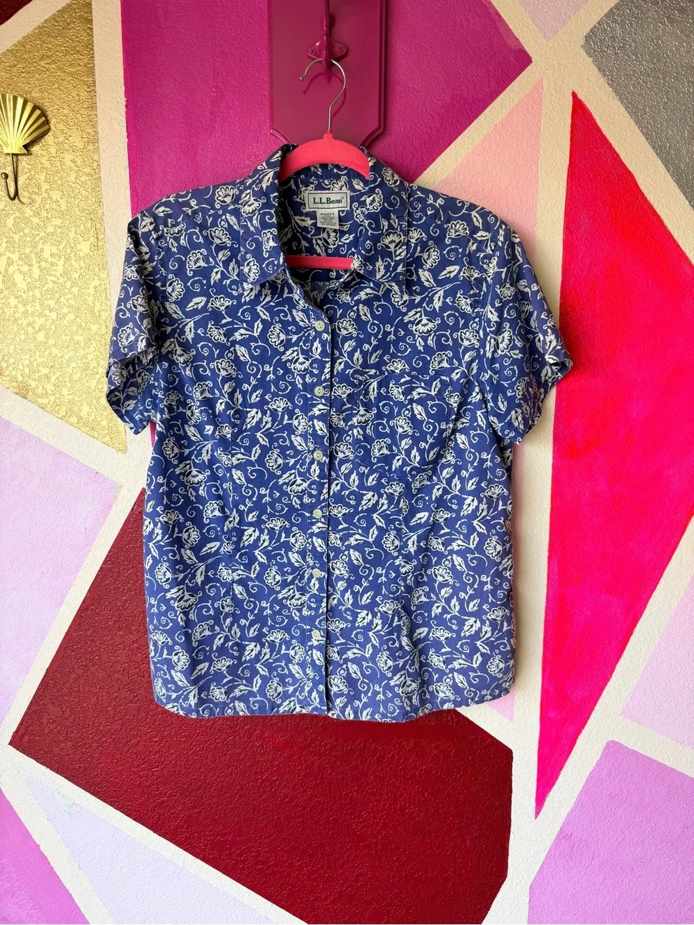 Vintage L.L. Bean Floral Button Down Shirt Sz M Navy Blue Cottage Print